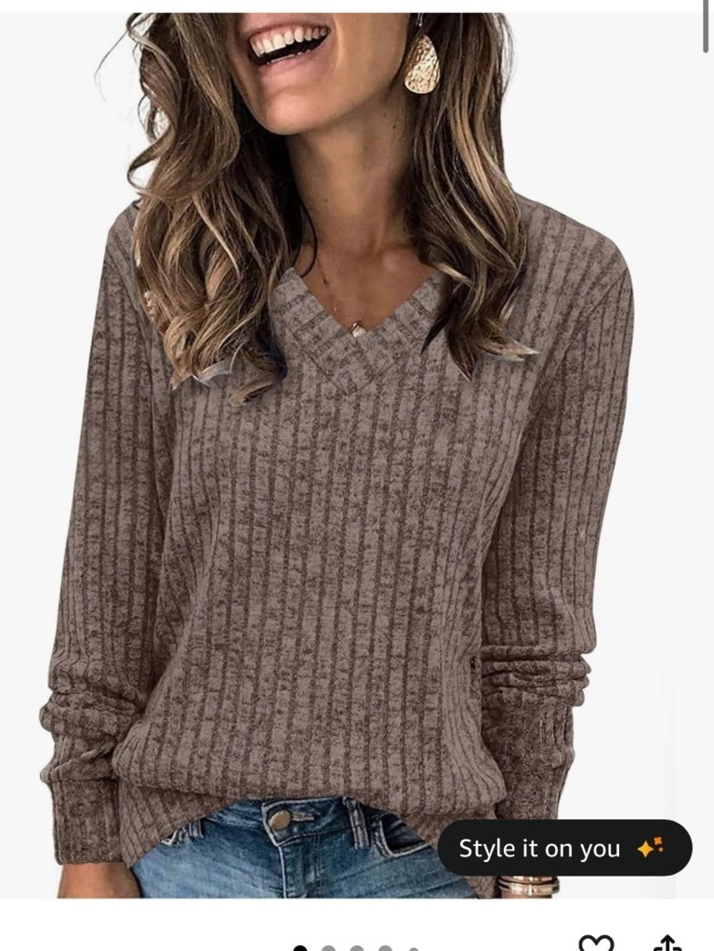 Sampeel Ribbed V-Neck Lightweight Sweater XL Brown Taupe Soft Knit